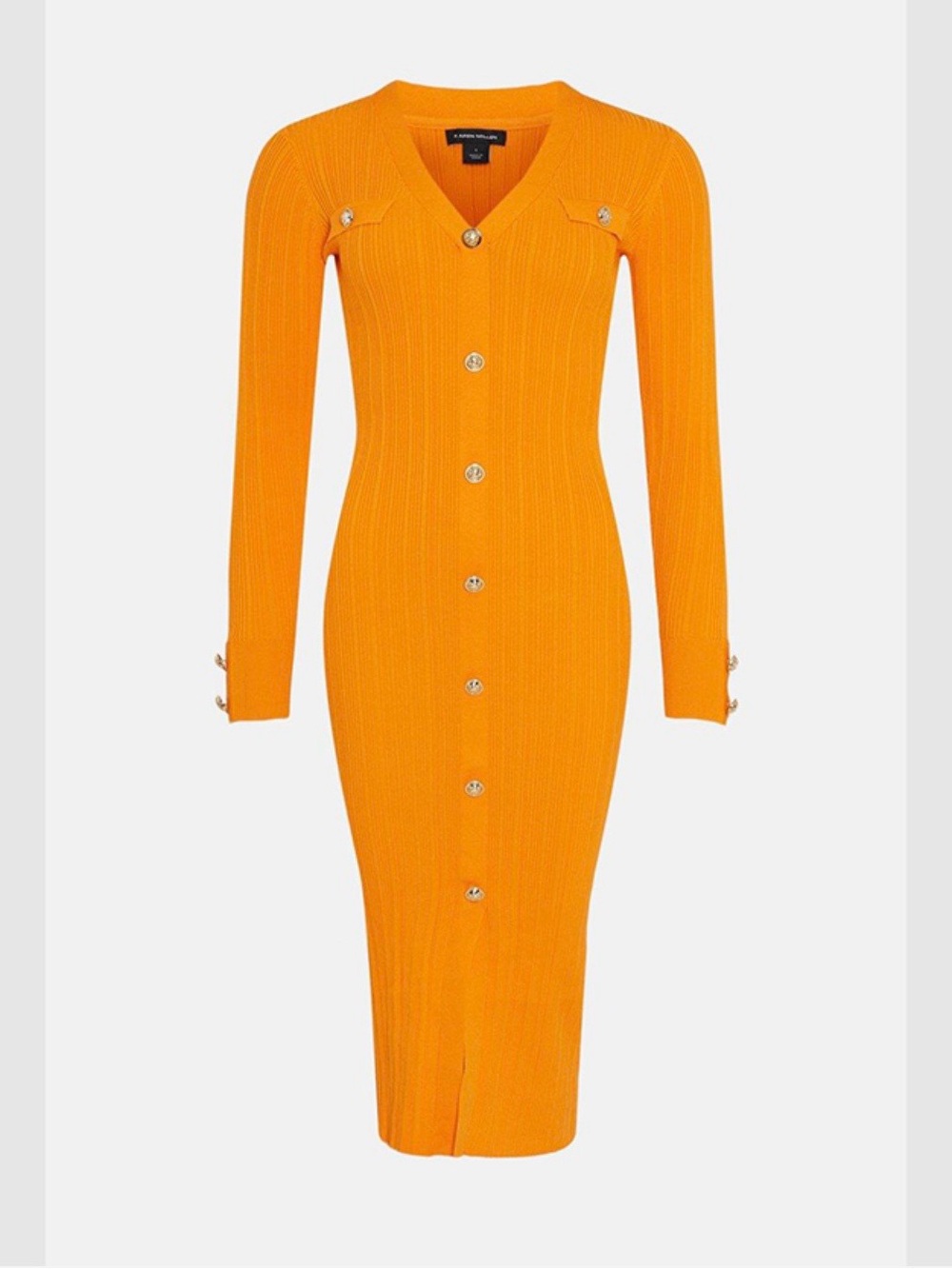 Karen Millen Military Button Front V Neck Rib Knit Midi Orange Bodycon Dress M